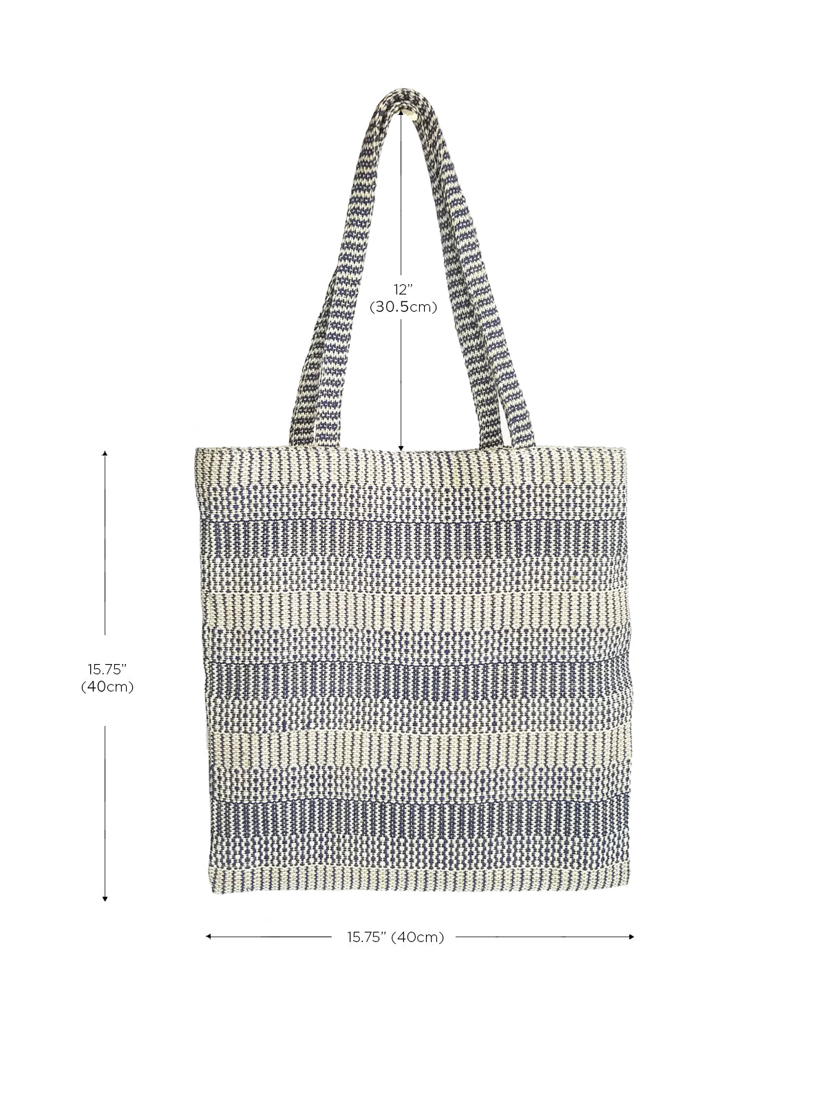 The Dobi Daily Bag - Blue is a tote bag crafted from handwoven jute-cotton fabric by Fair Trade artisans, featuring two handles set against a plain background, with gray and white horizontal stripes.