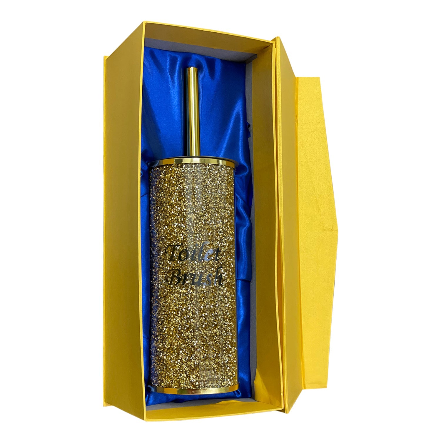 A Toilet Brush Holder with Brush in Gift Box, Gold Crushed Diamond Glass next to a tin can.