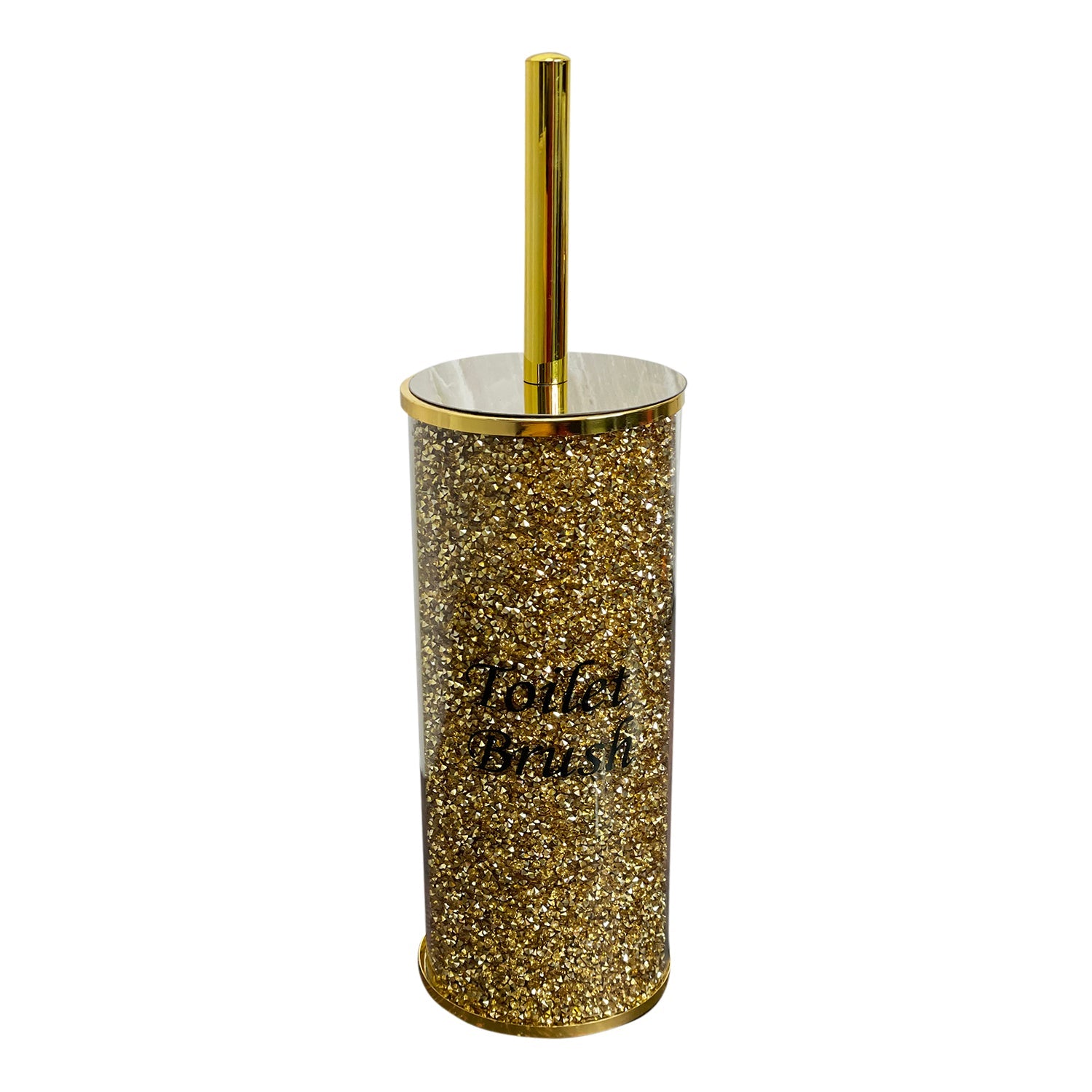 A Toilet Brush Holder with Brush in Gift Box, Gold Crushed Diamond Glass next to a tin can.