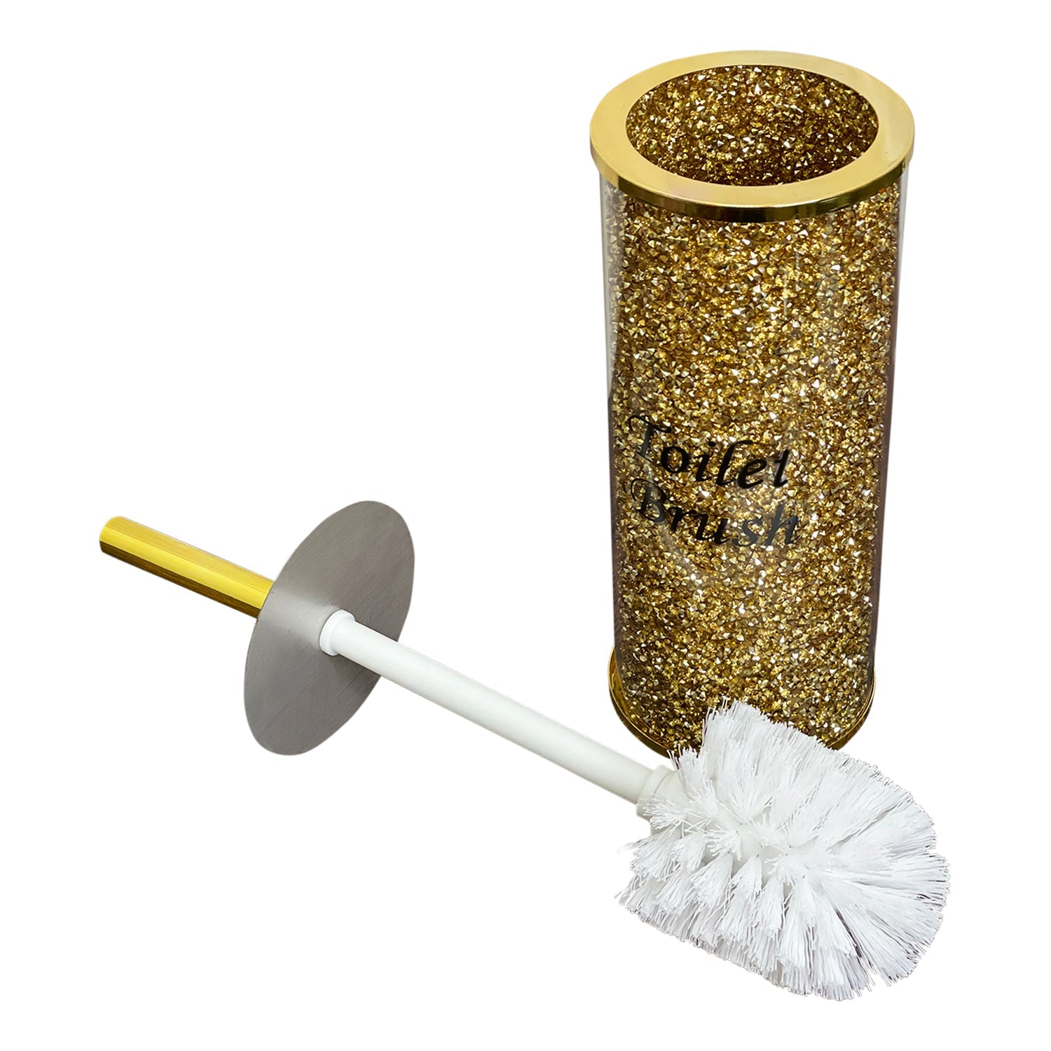 A Toilet Brush Holder with Brush in Gift Box, Gold Crushed Diamond Glass next to a tin can.