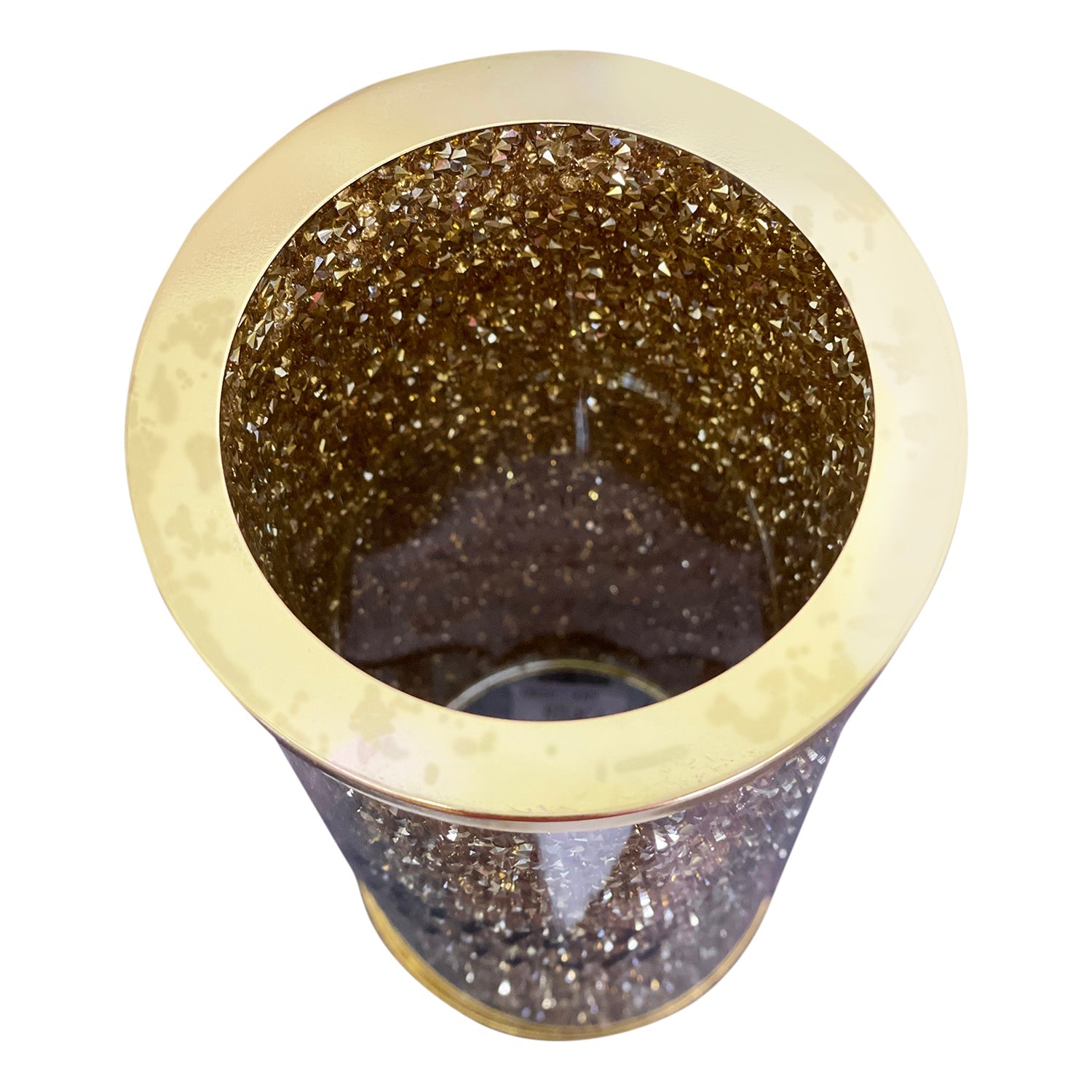 A Toilet Brush Holder with Brush in Gift Box, Gold Crushed Diamond Glass next to a tin can.