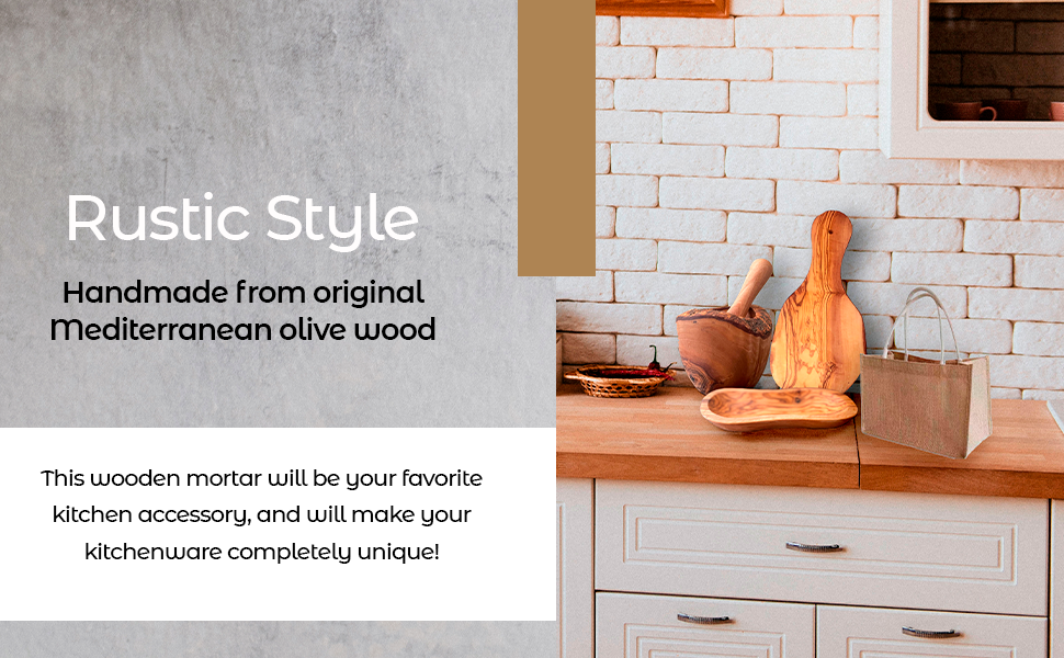 The Olive Wood Rustic Mortar and Pestle, featuring a smooth, polished surface and striking grain patterns, stands out as a sturdy kitchen accessory against a plain white background.