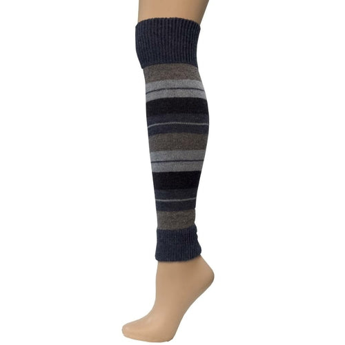 The Girl's Stripe Lambswool Knee Hi Leg Warmers, adorned with colorful stripes in blue, pink, purple, and white, are showcased on a mannequin leg as cozy essentials for the cold season.