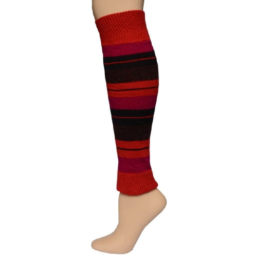 The Girl's Stripe Lambswool Knee Hi Leg Warmers, adorned with colorful stripes in blue, pink, purple, and white, are showcased on a mannequin leg as cozy essentials for the cold season.