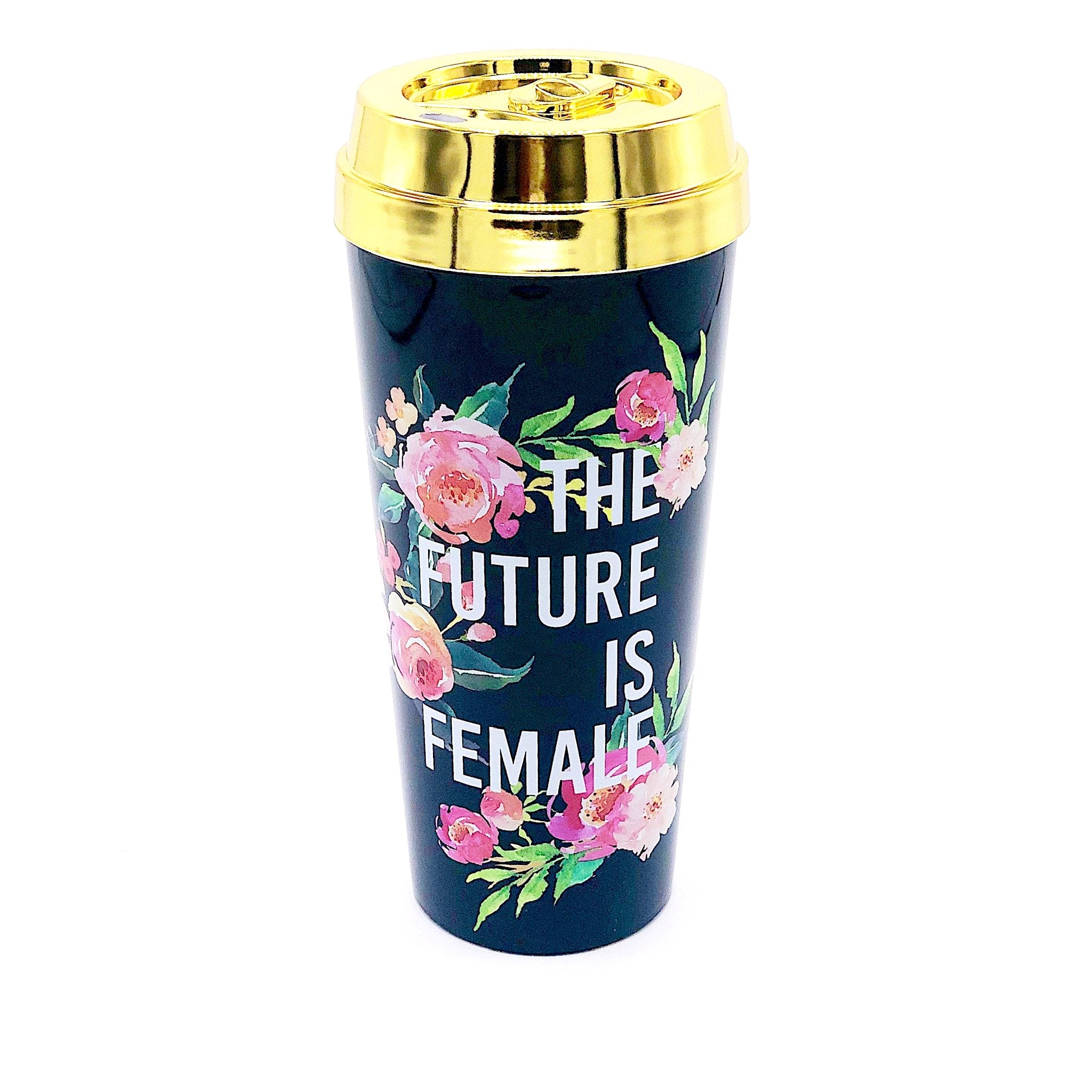 The travel mug, named "The Future Is Female," features elegant floral designs with a black body and a gold lid, prominently displaying the bold white phrase "The Future is Female," making it an ideal choice for those who support girl power and feminism.