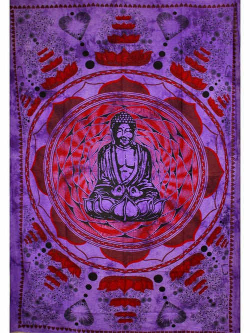 A tapestry named "Purple Buddha In Dharma Chakra Mudra On A Lotus Flower" features a meditative figure similar to Buddha in a lotus pose, surrounded by geometric and abstract patterns in purple and red hues, with delicate lotus flowers enhancing its serene ambiance.