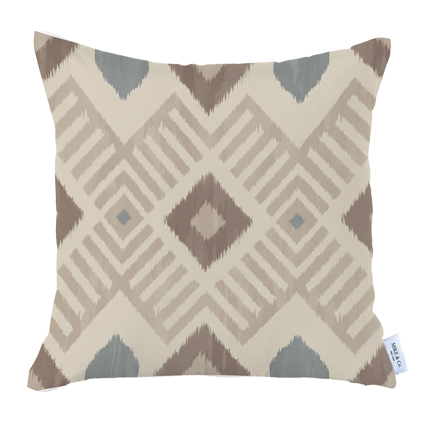 Two Ikat Set of 2 Square 18’’x18’’ Boho Throw Pillow Covers with geometric designs adorn a brown sofa, featuring hidden zipper closures. A vibrant green plant creates a serene backdrop, adding a touch of nature to the setting.