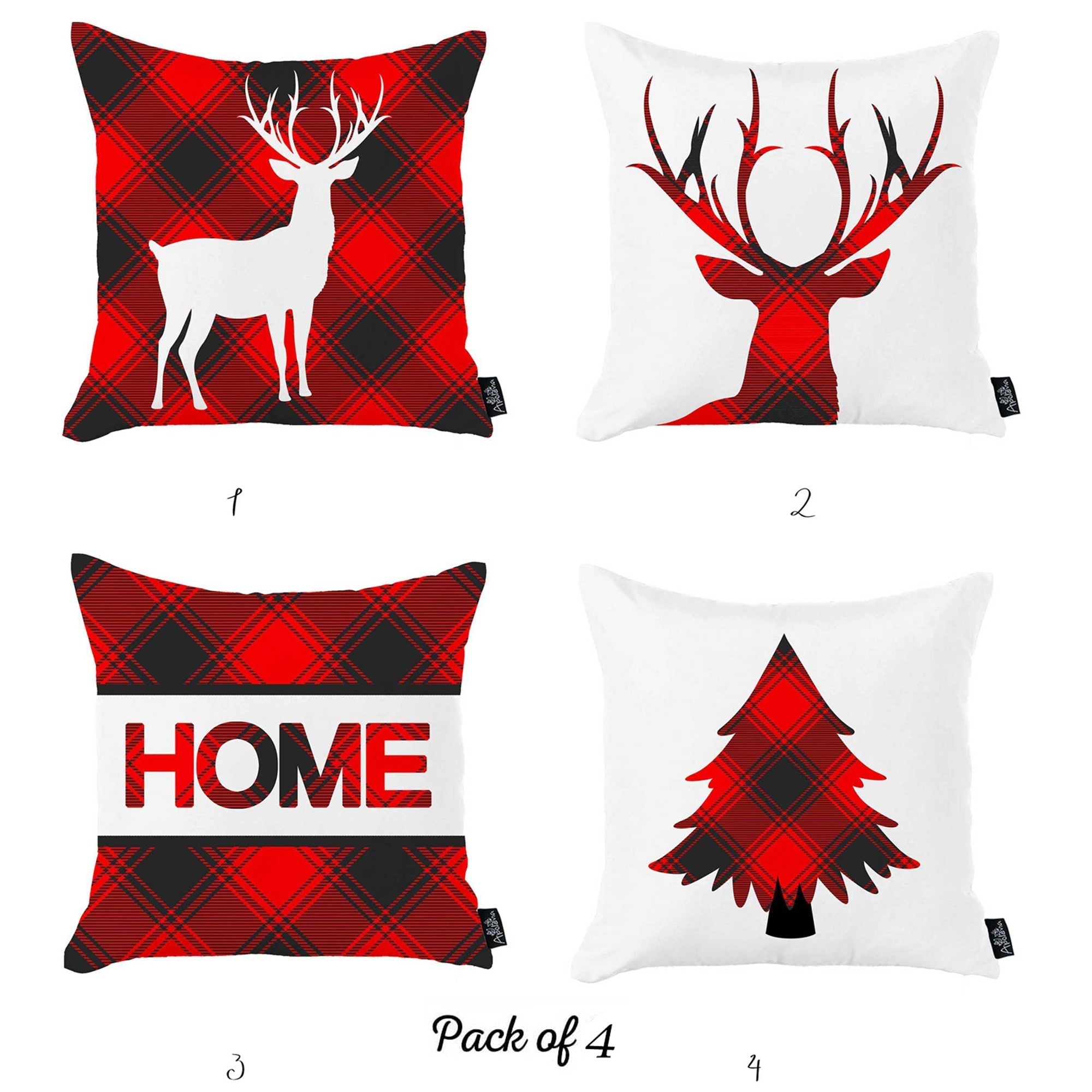 A sofa adorned with the Christmas Themed Decorative Throw Pillow Set of 4 in square 18" x 18" white and red designs, showcasing Christmas trees and reindeer, sits beside a beautifully decorated Christmas tree, complemented by a basket filled with more home décor pillows.