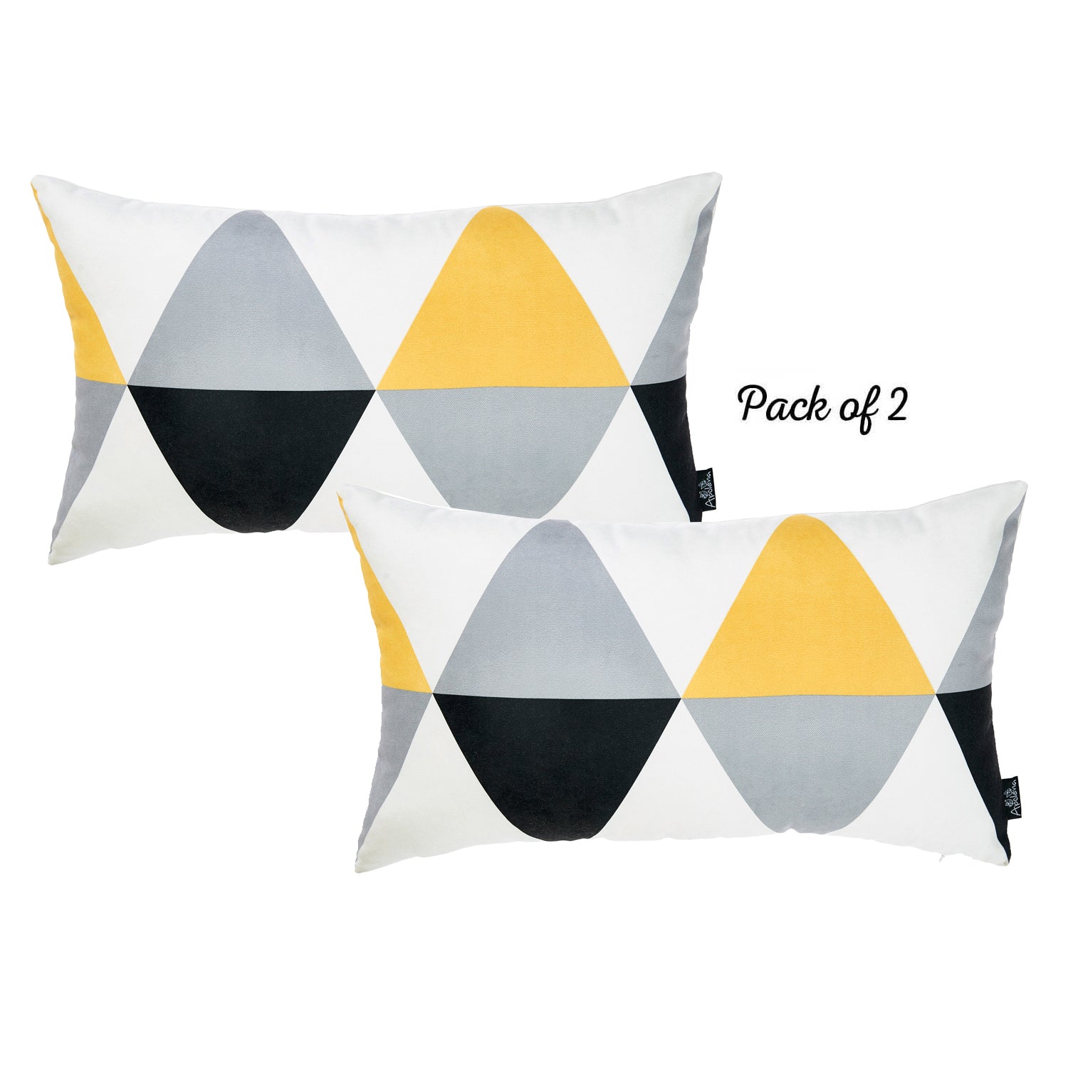 A yellow sofa, accessorized with two Scandi Yellow Gray Modern Lumbar Throw Pillow Covers, certified by OEKO-TEX Standard 100 and featuring a geometric pattern, is positioned beside a green potted plant and illuminated by natural light from a nearby window.