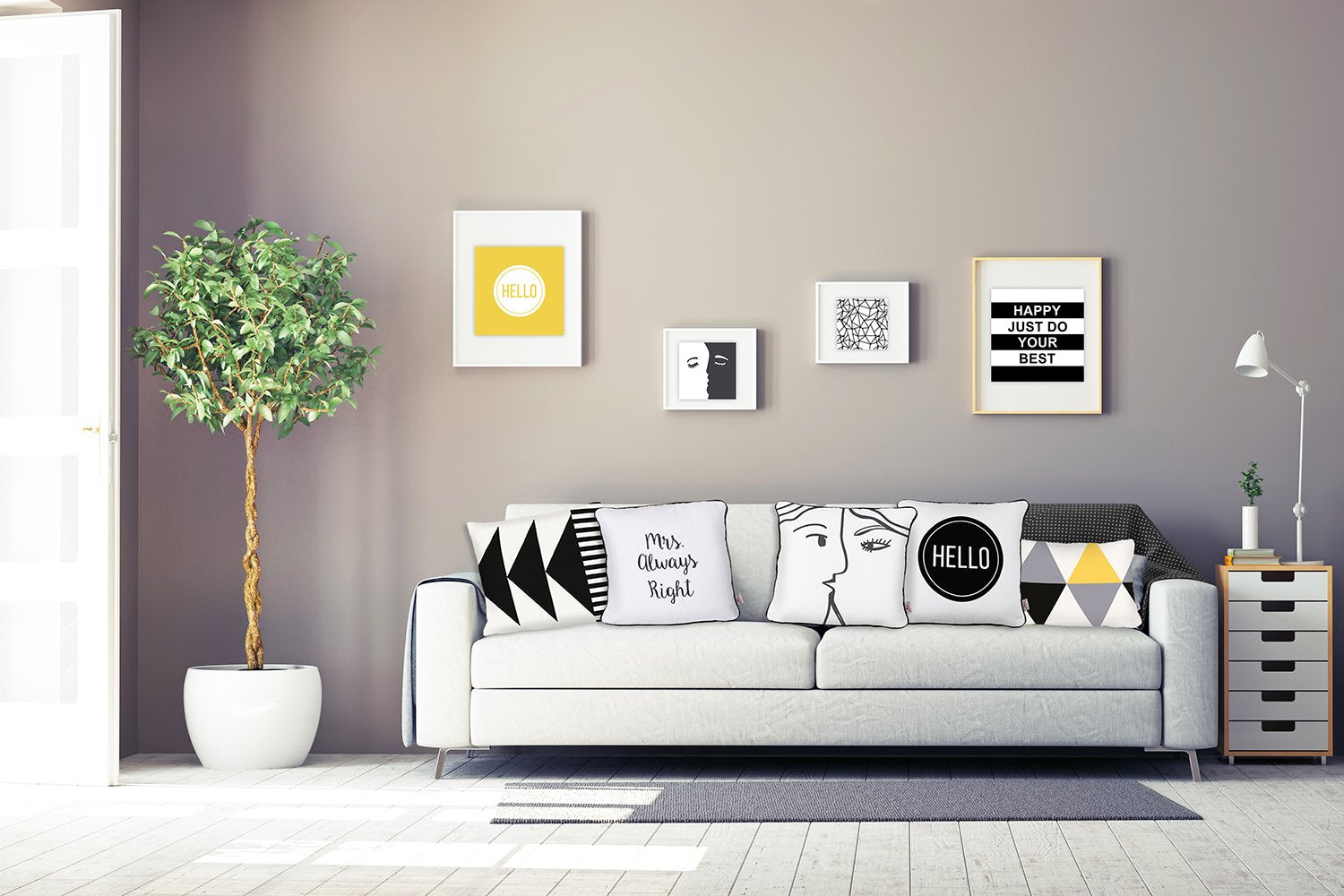 A yellow sofa, accessorized with two Scandi Yellow Gray Modern Lumbar Throw Pillow Covers, certified by OEKO-TEX Standard 100 and featuring a geometric pattern, is positioned beside a green potted plant and illuminated by natural light from a nearby window.