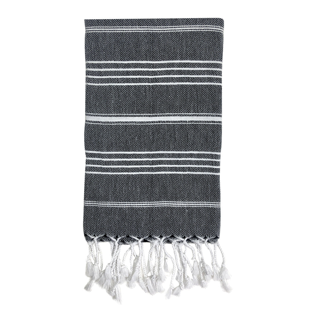 The Classic Turkish Hand Towels in five elegant striped designs, featuring shades of blue, brown, beige, navy, and grey, are beautifully displayed. Made from 100% Turkish cotton and adorned with white fringe on one end, they offer exceptional absorbency for all your needs.