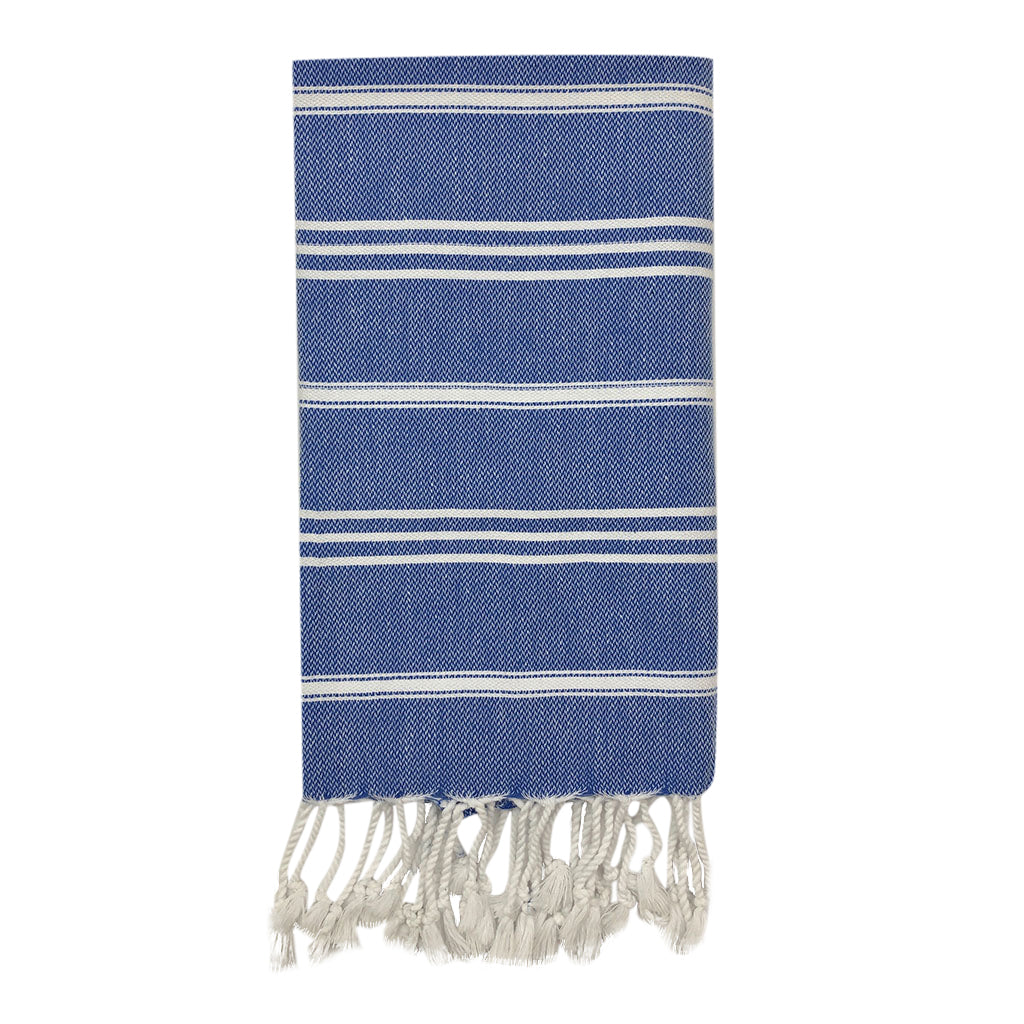 The Classic Turkish Hand Towels in five elegant striped designs, featuring shades of blue, brown, beige, navy, and grey, are beautifully displayed. Made from 100% Turkish cotton and adorned with white fringe on one end, they offer exceptional absorbency for all your needs.
