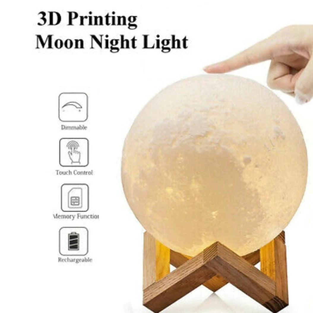 A Glowing Moon Lamp with stand with different colored balls and a remote control.