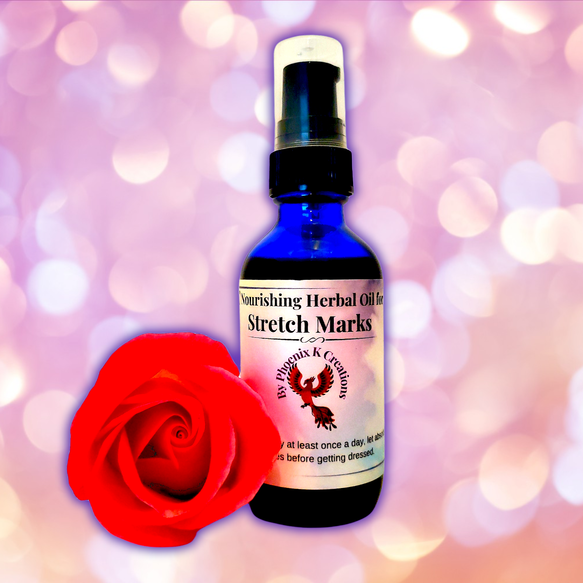Text on pink background: "100% Organic. Free from GMOs, artificial ingredients, inactive ingredients/fillers, added fragrance." Infused with antioxidant-rich oil for enhanced nourishment. Floral decorations on the right. Introducing Organic Stretch Mark Oil - Hydrating, rejuvenating, nourishing.