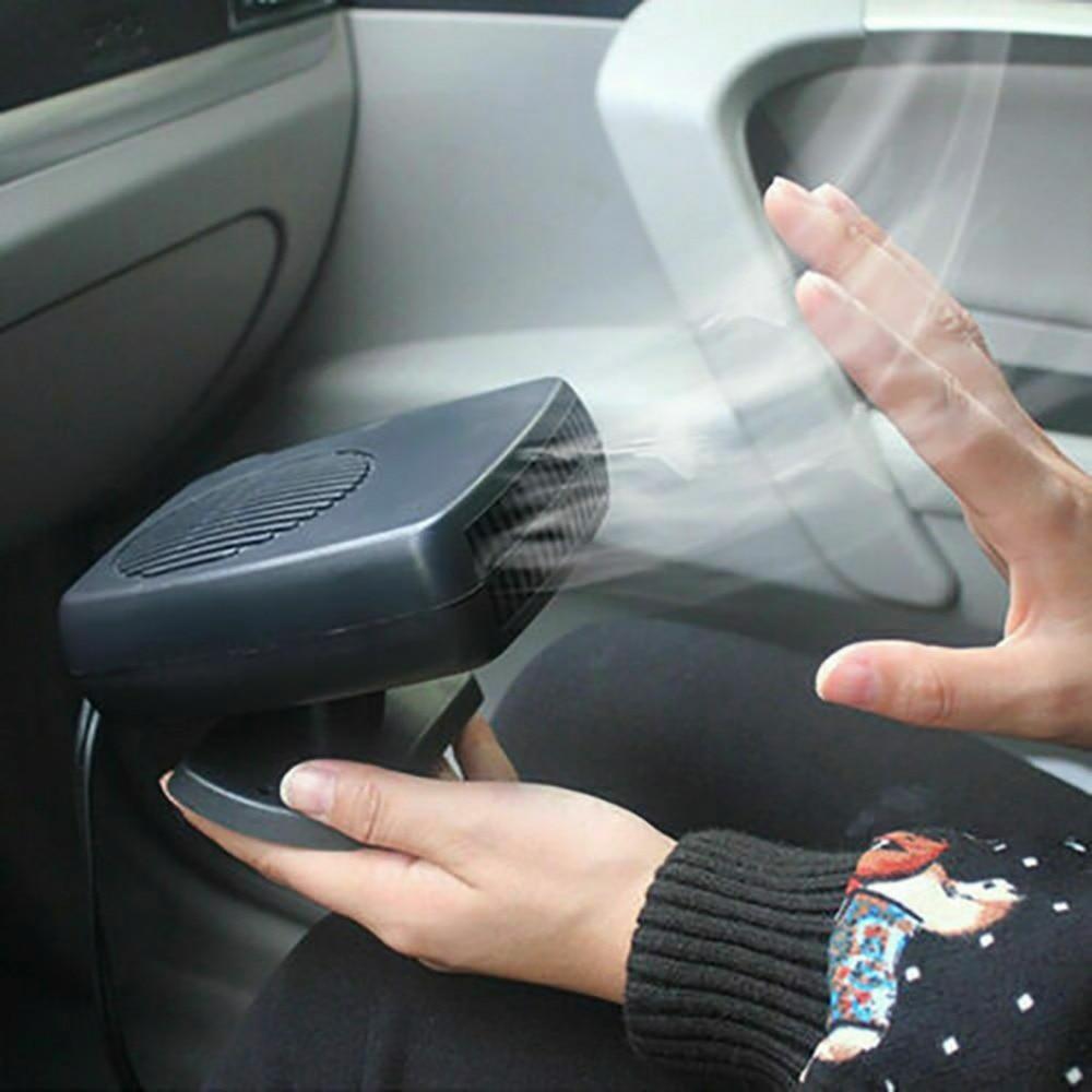 Promotional image for the Powerful 200W 2 in 1 Car Heater Windshield Defroster, showcasing its fast heating and cooling air modes, windshield defrosting capabilities. Specifications: 12V, 200W. Features before/after images with a prominent U.S. flag display.