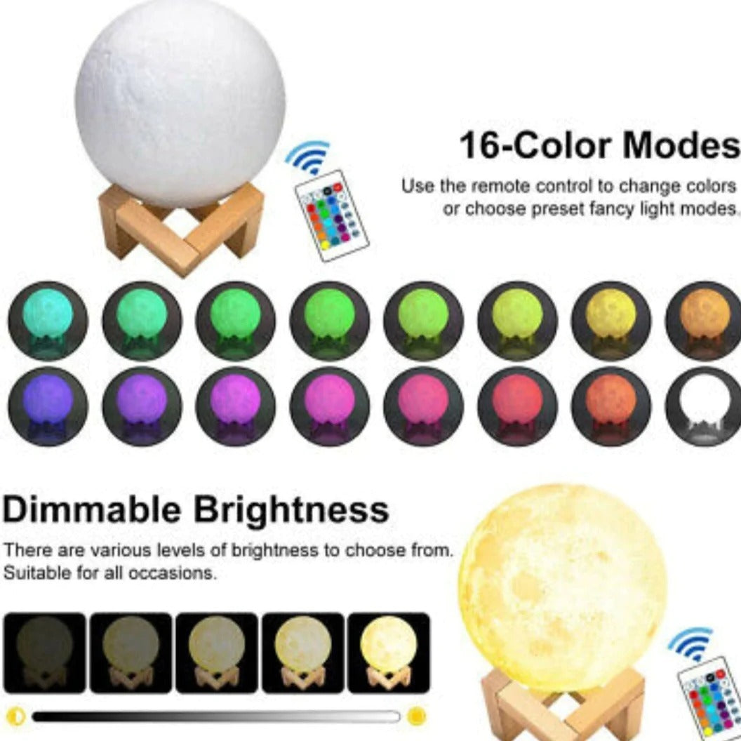 A Glowing Moon Lamp with stand with different colored balls and a remote control.