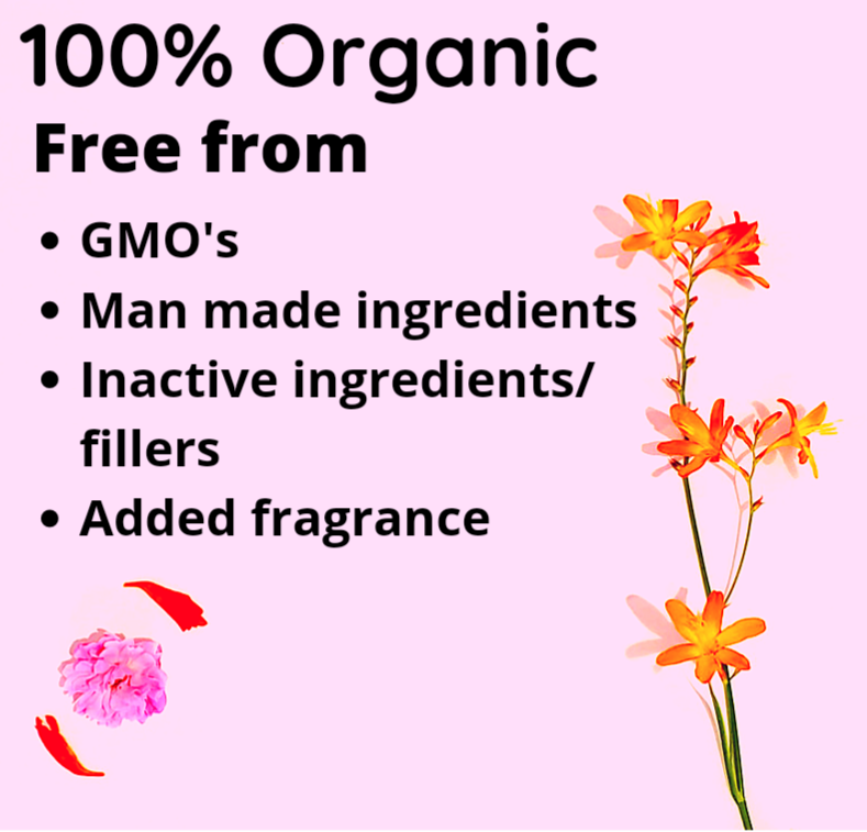 Text on pink background: "100% Organic. Free from GMOs, artificial ingredients, inactive ingredients/fillers, added fragrance." Infused with antioxidant-rich oil for enhanced nourishment. Floral decorations on the right. Introducing Organic Stretch Mark Oil - Hydrating, rejuvenating, nourishing.