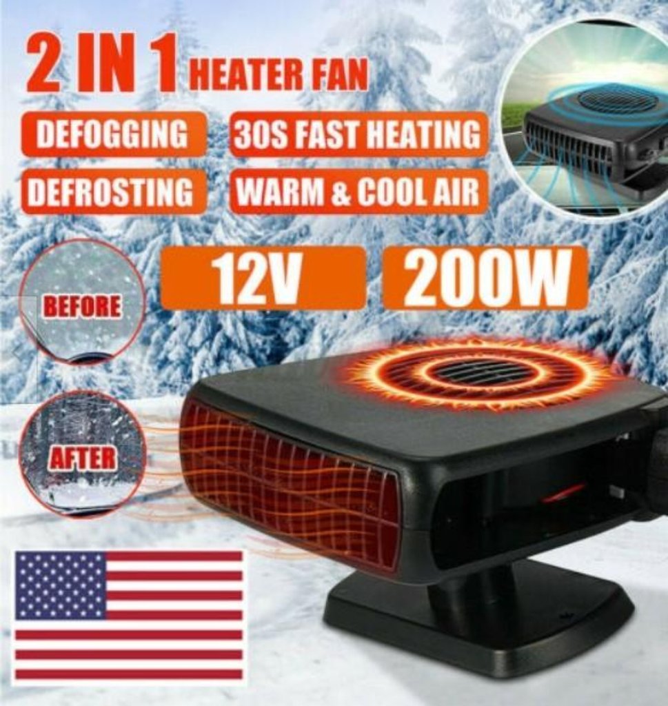 Promotional image for the Powerful 200W 2 in 1 Car Heater Windshield Defroster, showcasing its fast heating and cooling air modes, windshield defrosting capabilities. Specifications: 12V, 200W. Features before/after images with a prominent U.S. flag display.