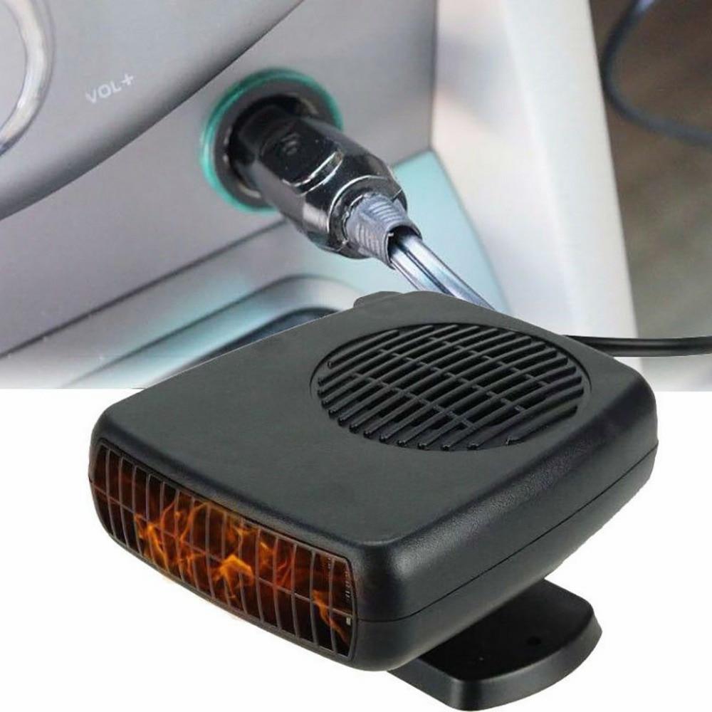 Promotional image for the Powerful 200W 2 in 1 Car Heater Windshield Defroster, showcasing its fast heating and cooling air modes, windshield defrosting capabilities. Specifications: 12V, 200W. Features before/after images with a prominent U.S. flag display.
