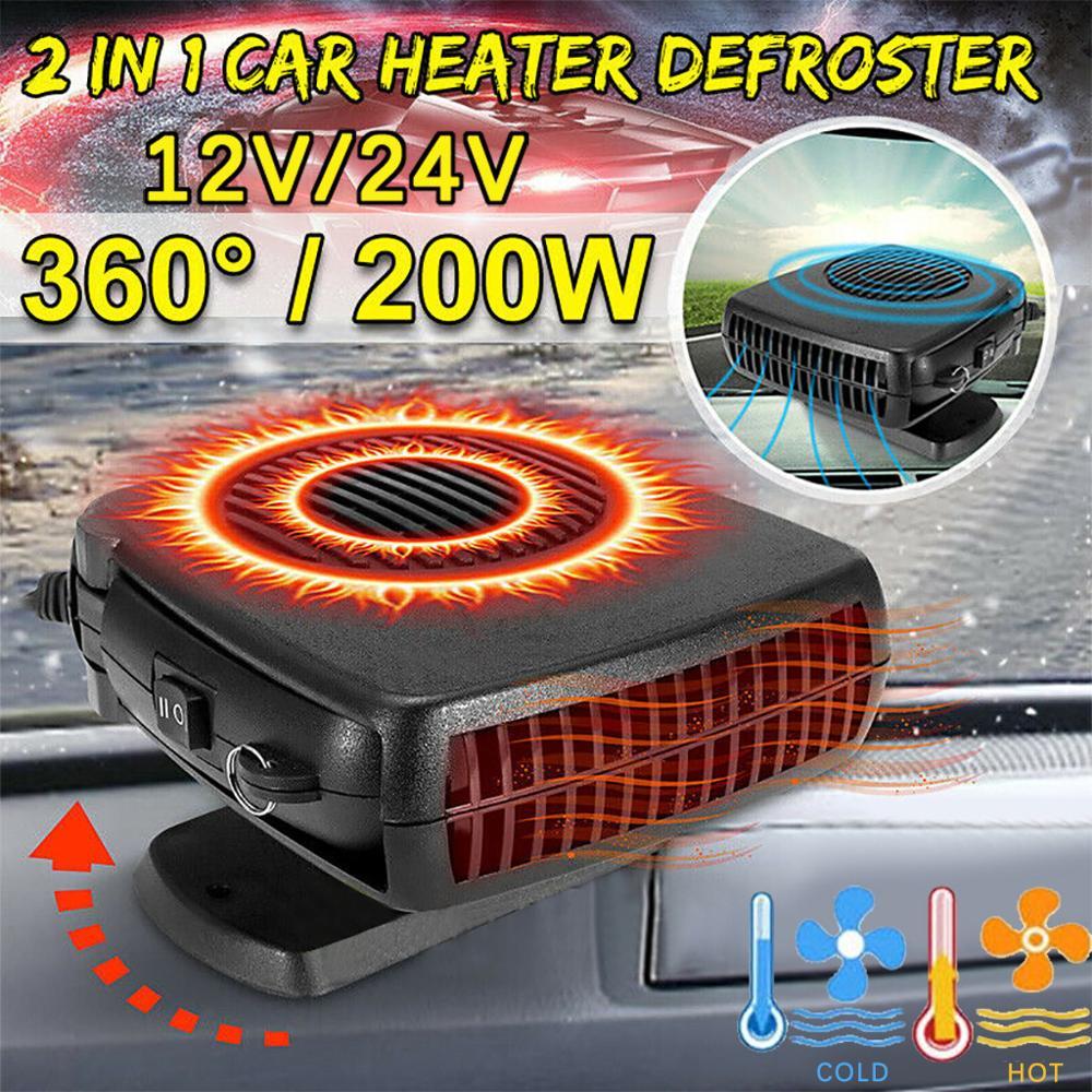 Promotional image for the Powerful 200W 2 in 1 Car Heater Windshield Defroster, showcasing its fast heating and cooling air modes, windshield defrosting capabilities. Specifications: 12V, 200W. Features before/after images with a prominent U.S. flag display.