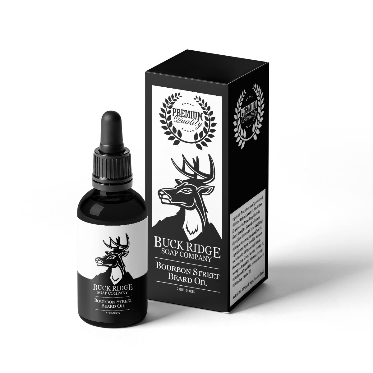 A bottle of Buck Ridge Bourbon Street Premium Beard Oil, crafted in the USA, sits next to its black and white packaging adorned with a deer illustration. This moisturizing beard oil provides a luxurious grooming experience.