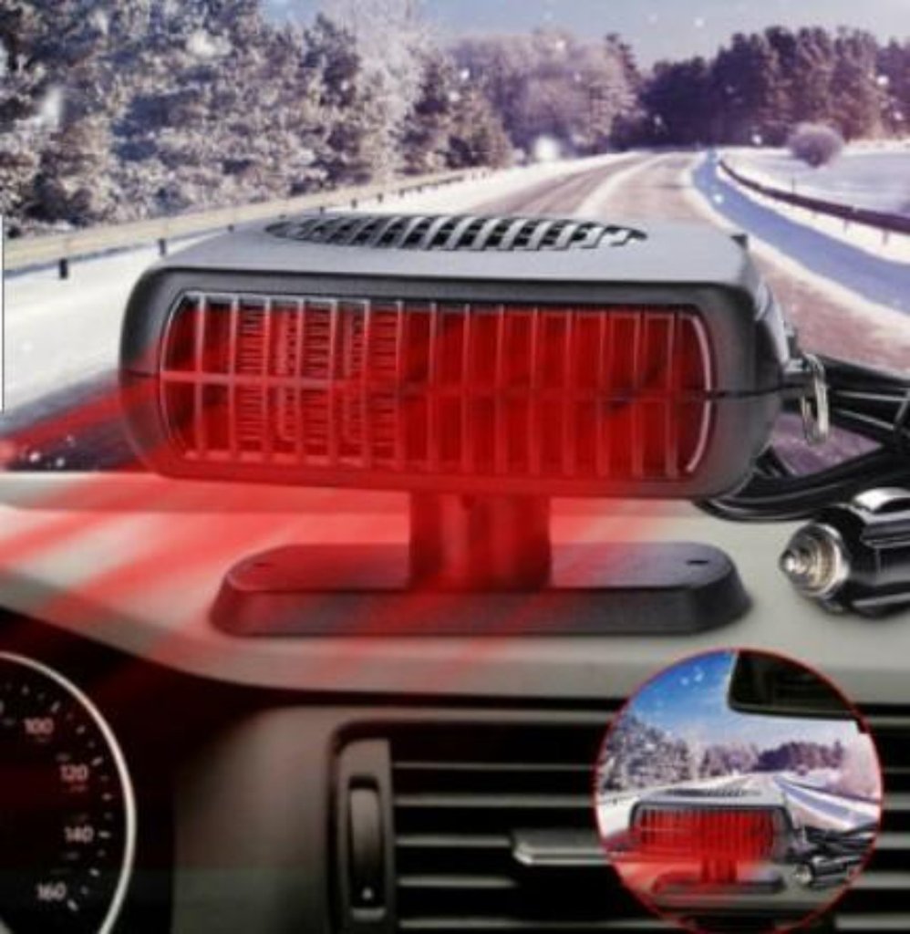 Promotional image for the Powerful 200W 2 in 1 Car Heater Windshield Defroster, showcasing its fast heating and cooling air modes, windshield defrosting capabilities. Specifications: 12V, 200W. Features before/after images with a prominent U.S. flag display.