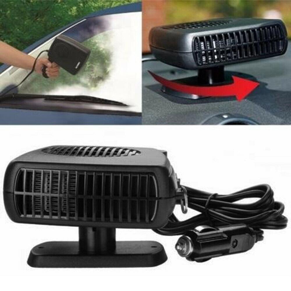 Promotional image for the Powerful 200W 2 in 1 Car Heater Windshield Defroster, showcasing its fast heating and cooling air modes, windshield defrosting capabilities. Specifications: 12V, 200W. Features before/after images with a prominent U.S. flag display.