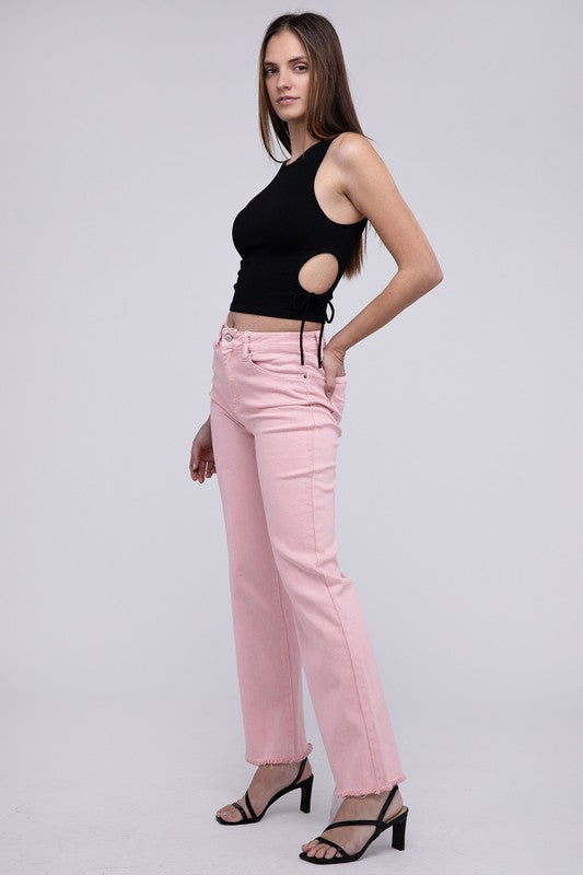 A person standing in Acid Washed Frayed Cutoff Hem Straight Wide Pants with black heeled sandals against a plain background.