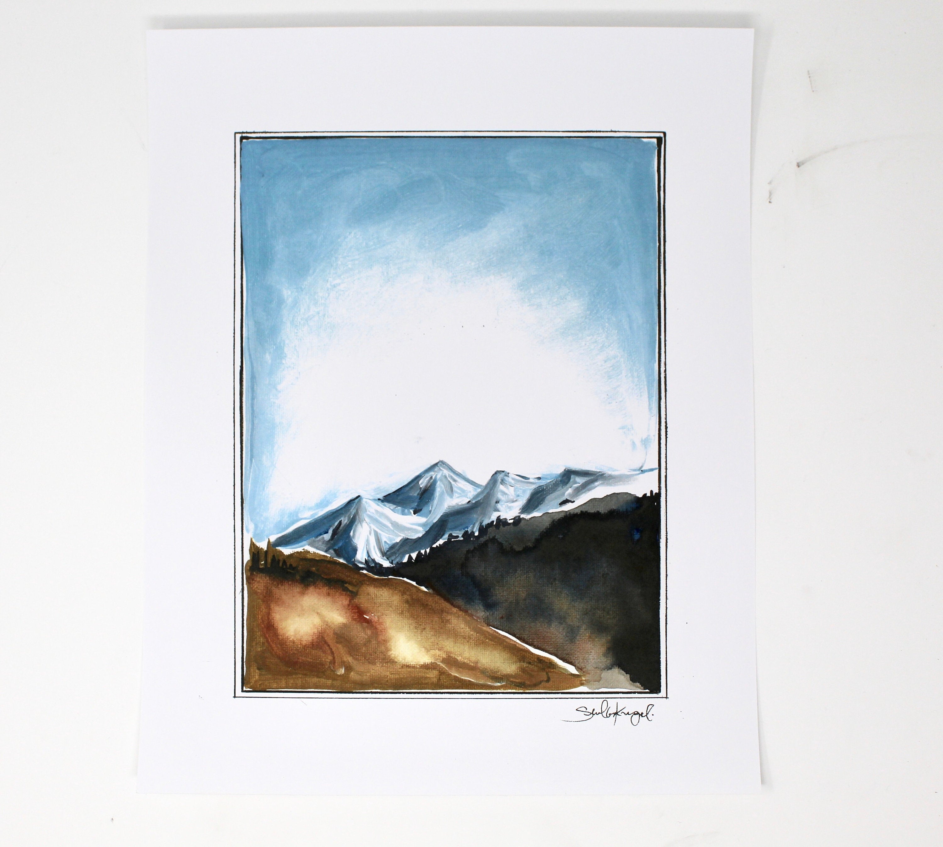 Discover the "Simple Mountains" 11x14 art print, a watercolor adventure painting of snow-capped mountain peaks beneath a blue sky, perfect for enhancing your gallery wall.