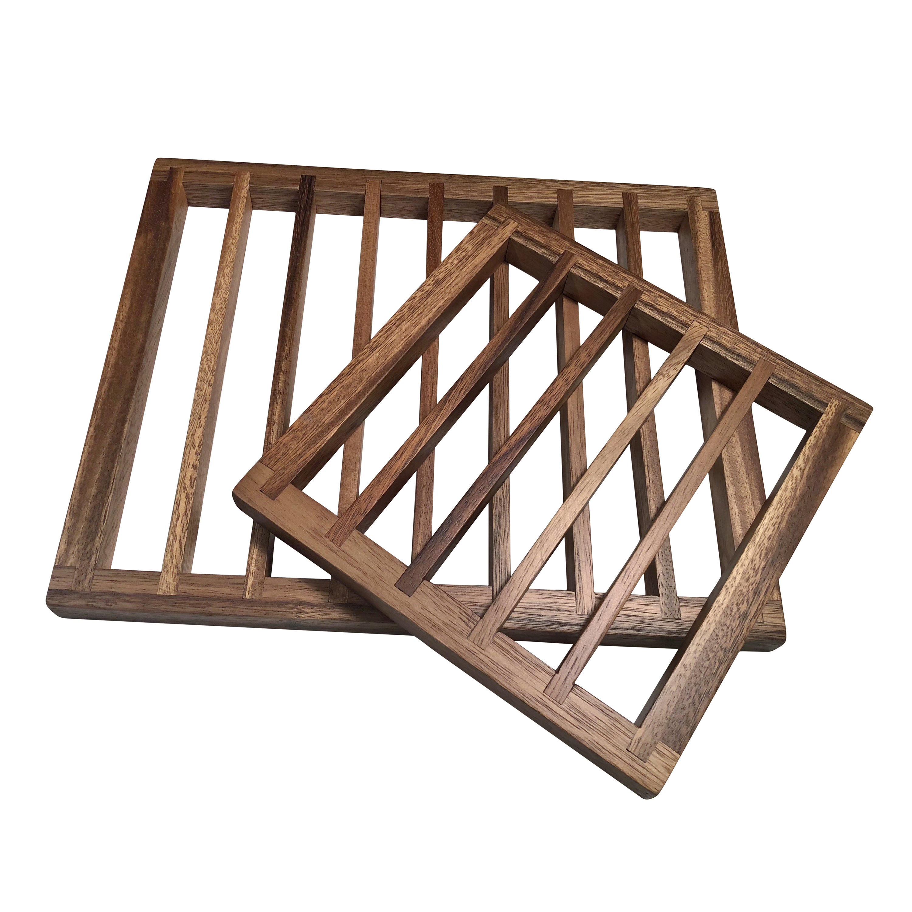 The Trivets set of 2, featuring a larger rectangular tray and a smaller square tray both crafted from acacia wood, are elegantly displayed side by side on a white background. These pieces not only enhance your decor but also offer excellent heat protection for table settings.