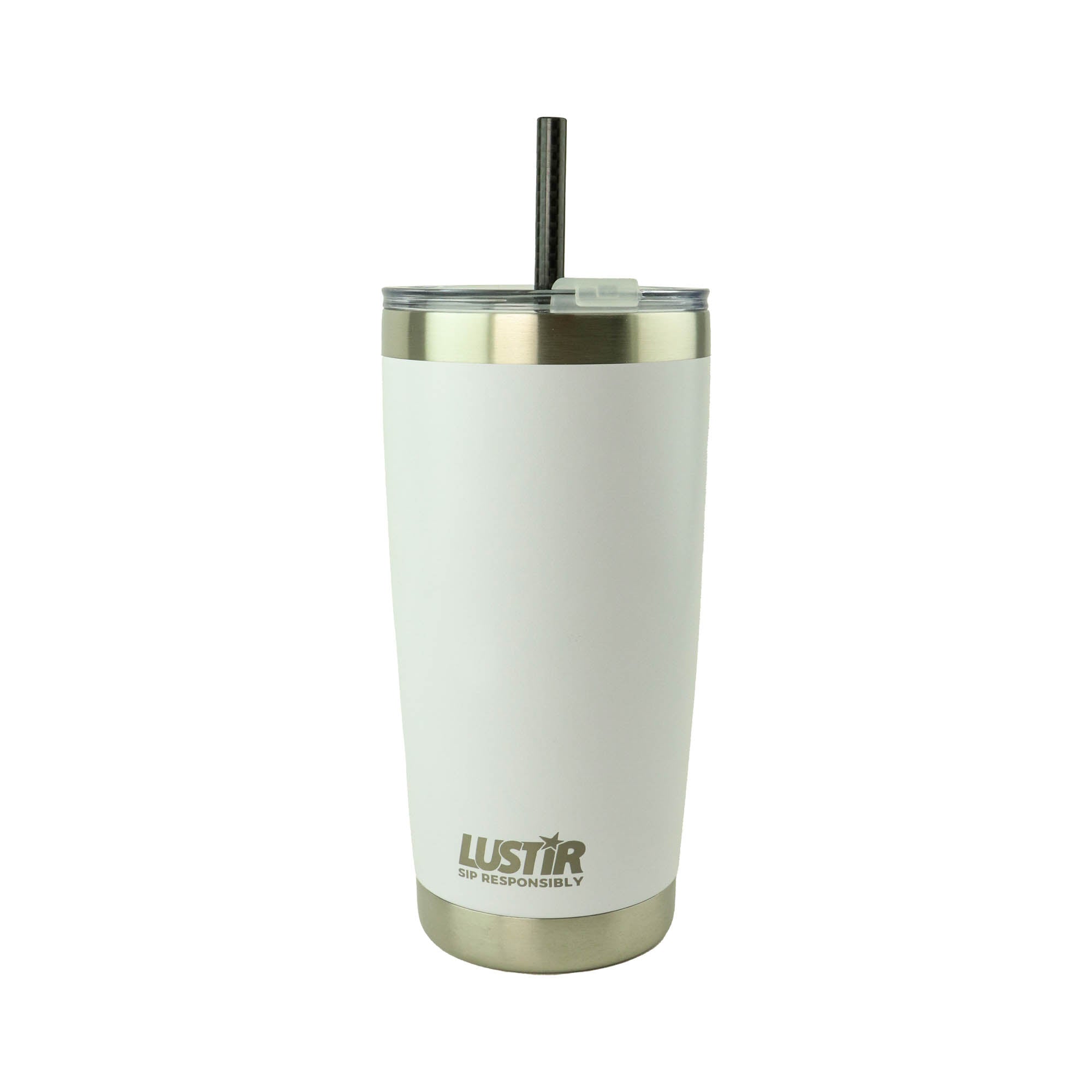 This product is a 20 oz Tumbler + Straw featuring a white insulated stainless steel body, equipped with a metal lid and a black carbon fiber straw. It also showcases the "LUSTIR SIP RESPONSIBLY" logo at the bottom, ensuring your drink stays at the ideal temperature for an extended period.