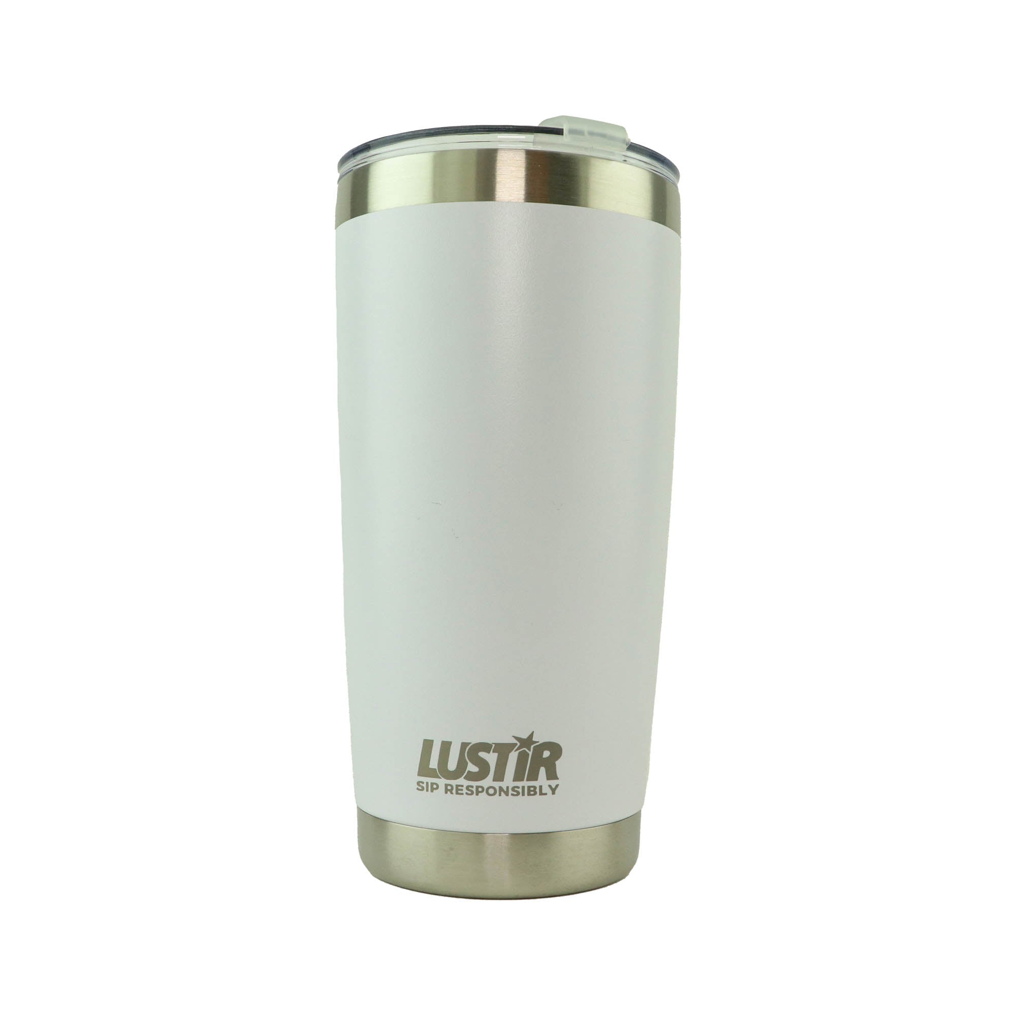 This product is a 20 oz Tumbler + Straw featuring a white insulated stainless steel body, equipped with a metal lid and a black carbon fiber straw. It also showcases the "LUSTIR SIP RESPONSIBLY" logo at the bottom, ensuring your drink stays at the ideal temperature for an extended period.