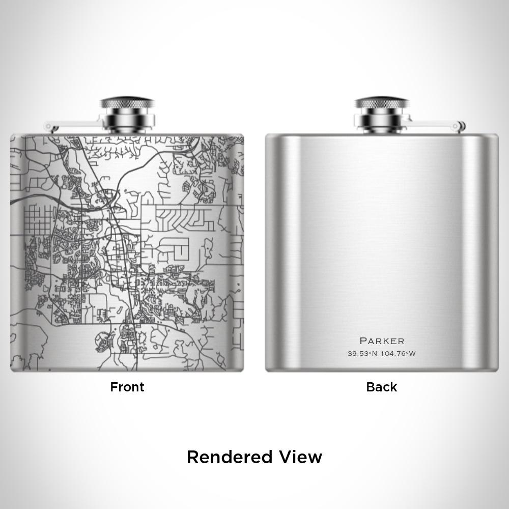 The Parker - Colorado Map Hip Flask lies on a wooden surface, accompanied by a small metal funnel and a white cloth drawstring bag.