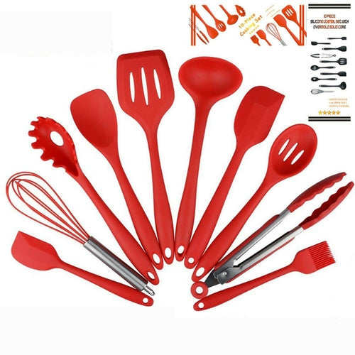 A set of Non Stick Silicone Cooking Utensils Premium Heat Resistant 10 PCS Set, including spatulas, spoons, tongs, and a whisk, arranged on a white background.