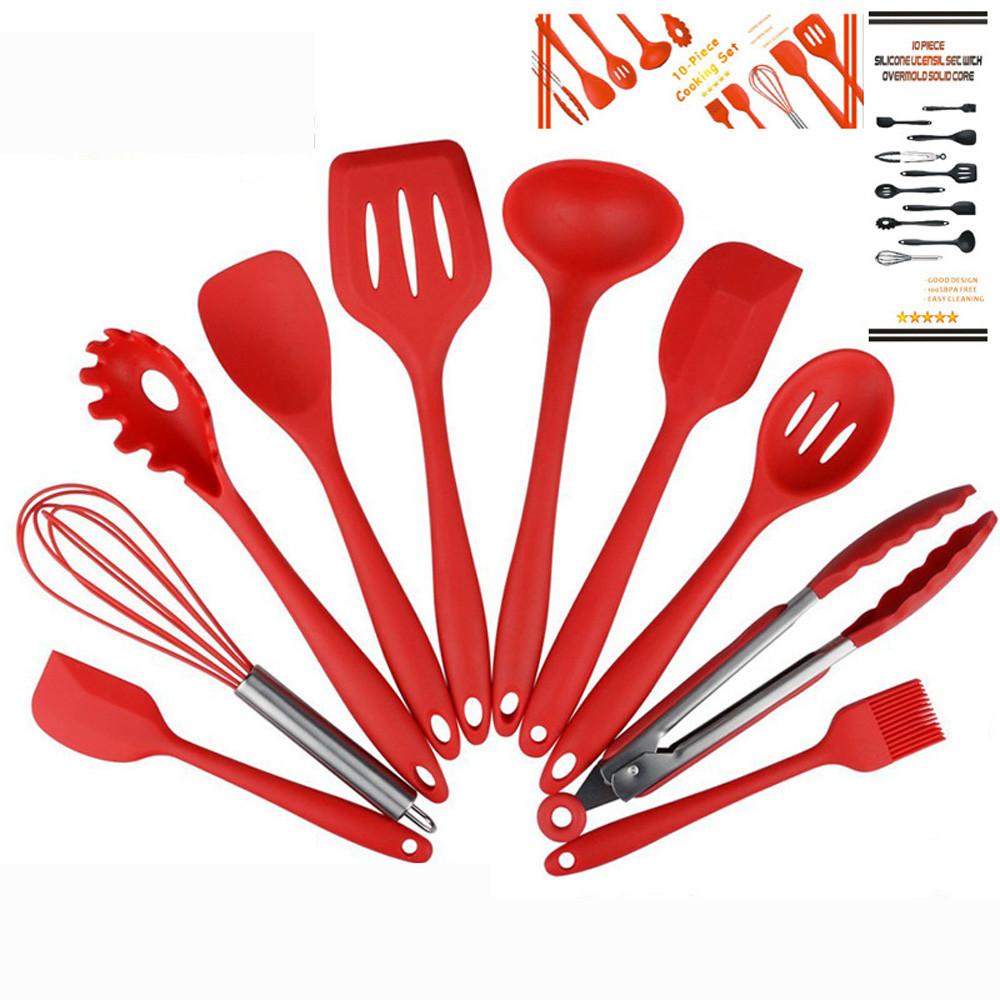 A set of Non Stick Silicone Cooking Utensils Premium Heat Resistant 10 PCS Set, including spatulas, spoons, tongs, and a whisk, arranged on a white background.