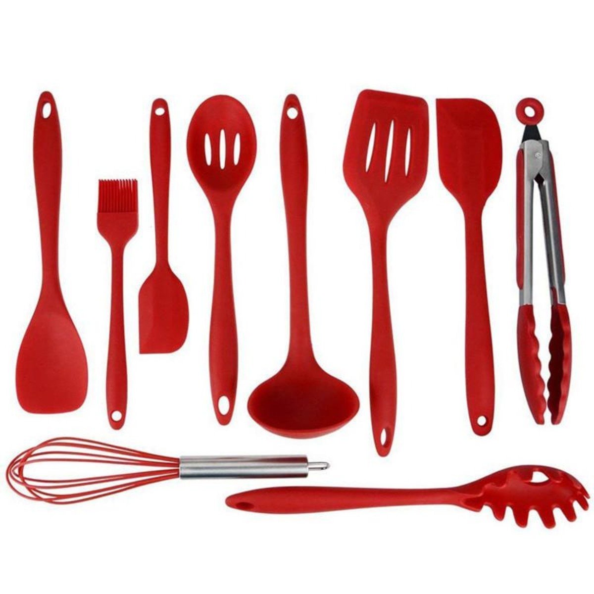 A set of Non Stick Silicone Cooking Utensils Premium Heat Resistant 10 PCS Set, including spatulas, spoons, tongs, and a whisk, arranged on a white background.