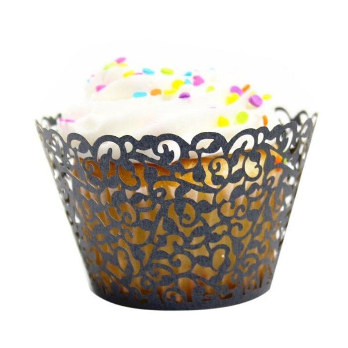 An array of wedding cupcakes in Little Vine Lace Laser Cut Cupcake Wrappers of various colors, each topped with white frosting and colorful sprinkles.