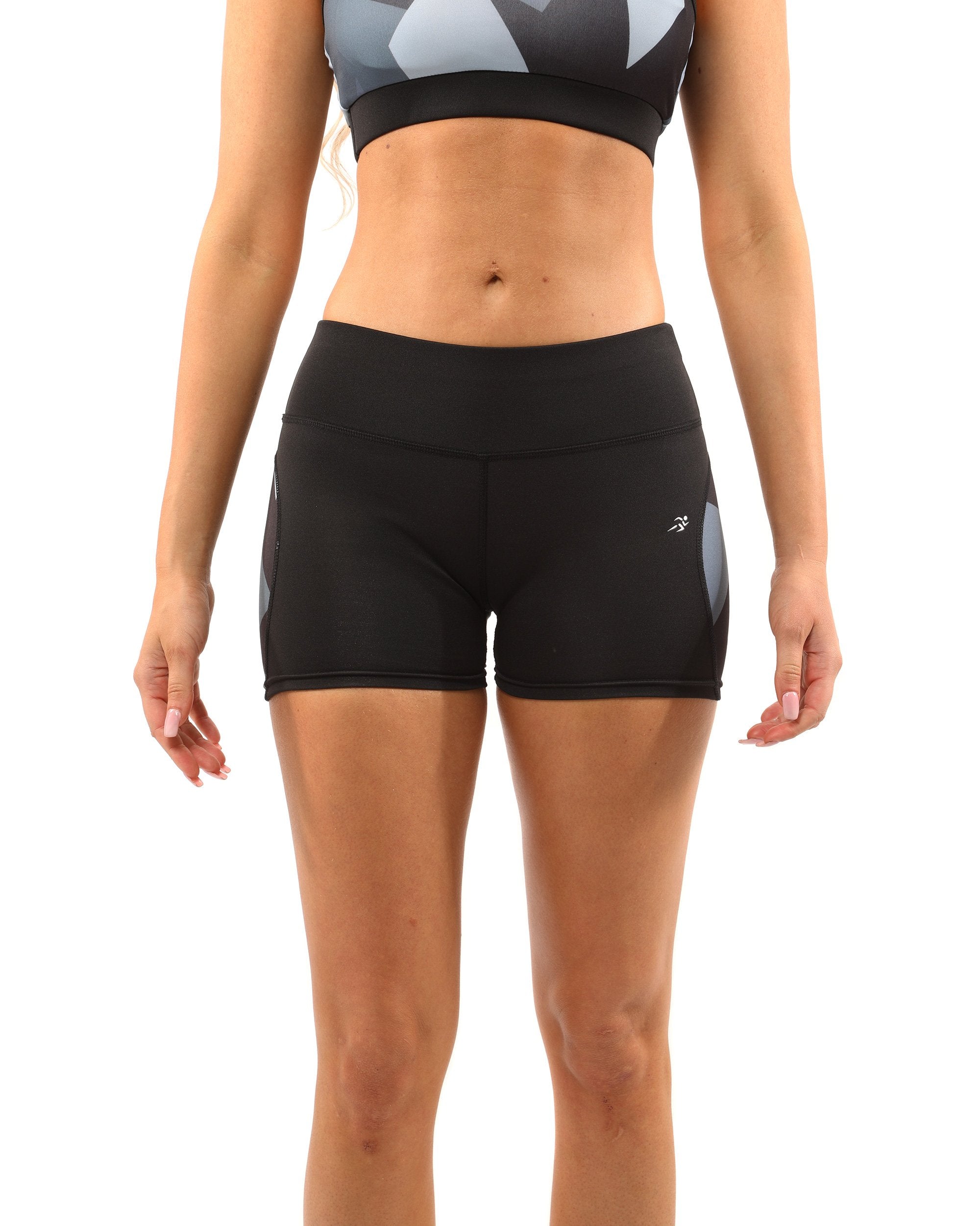 Someone wearing a black and gray athletic outfit, highlighted by a performance-tested crop top and sleek compression-fit Bondi Shorts - Black/Grey.