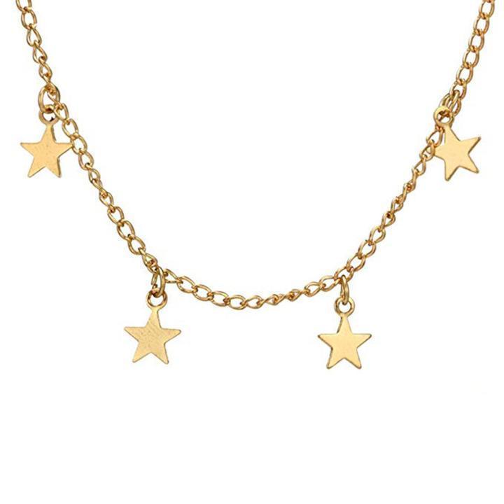 The Dangling Star Necklace is an elegant zinc alloy piece featuring five evenly spaced star-shaped pendants on a silver chain, complete with an extender for adjustable comfort.