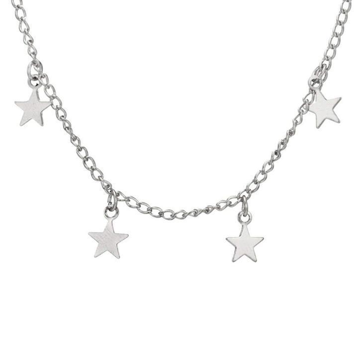 The Dangling Star Necklace is an elegant zinc alloy piece featuring five evenly spaced star-shaped pendants on a silver chain, complete with an extender for adjustable comfort.