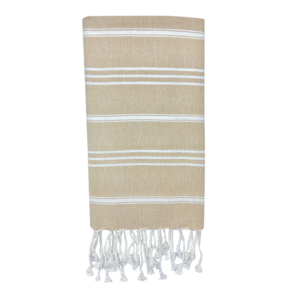The Classic Turkish Hand Towels in five elegant striped designs, featuring shades of blue, brown, beige, navy, and grey, are beautifully displayed. Made from 100% Turkish cotton and adorned with white fringe on one end, they offer exceptional absorbency for all your needs.
