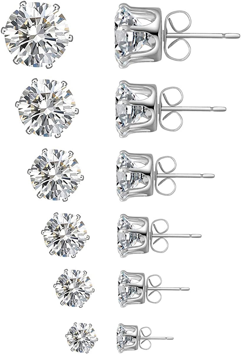 6 Pairs Stud Earrings Set,Clear Cubic Zirconia 316L Stainless Steel Earrings for Women for Men 3-8Mm