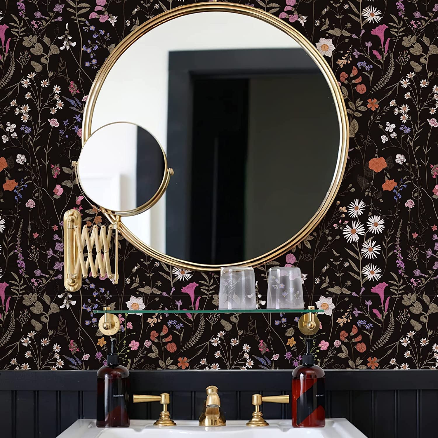 Floral Wallpaper Peel and Stick- Farm Floral Wall Wallpaper, Wildwood Wallpaper Daisy Flower Wallpaper Dark Floral Contact Paper Stick on Wallpaper (17.3" X 118", Timeless)