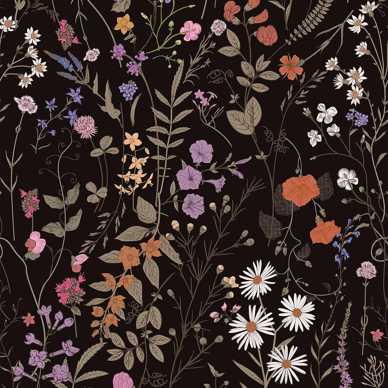 Floral Wallpaper Peel and Stick- Farm Floral Wall Wallpaper, Wildwood Wallpaper Daisy Flower Wallpaper Dark Floral Contact Paper Stick on Wallpaper (17.3" X 118", Timeless)