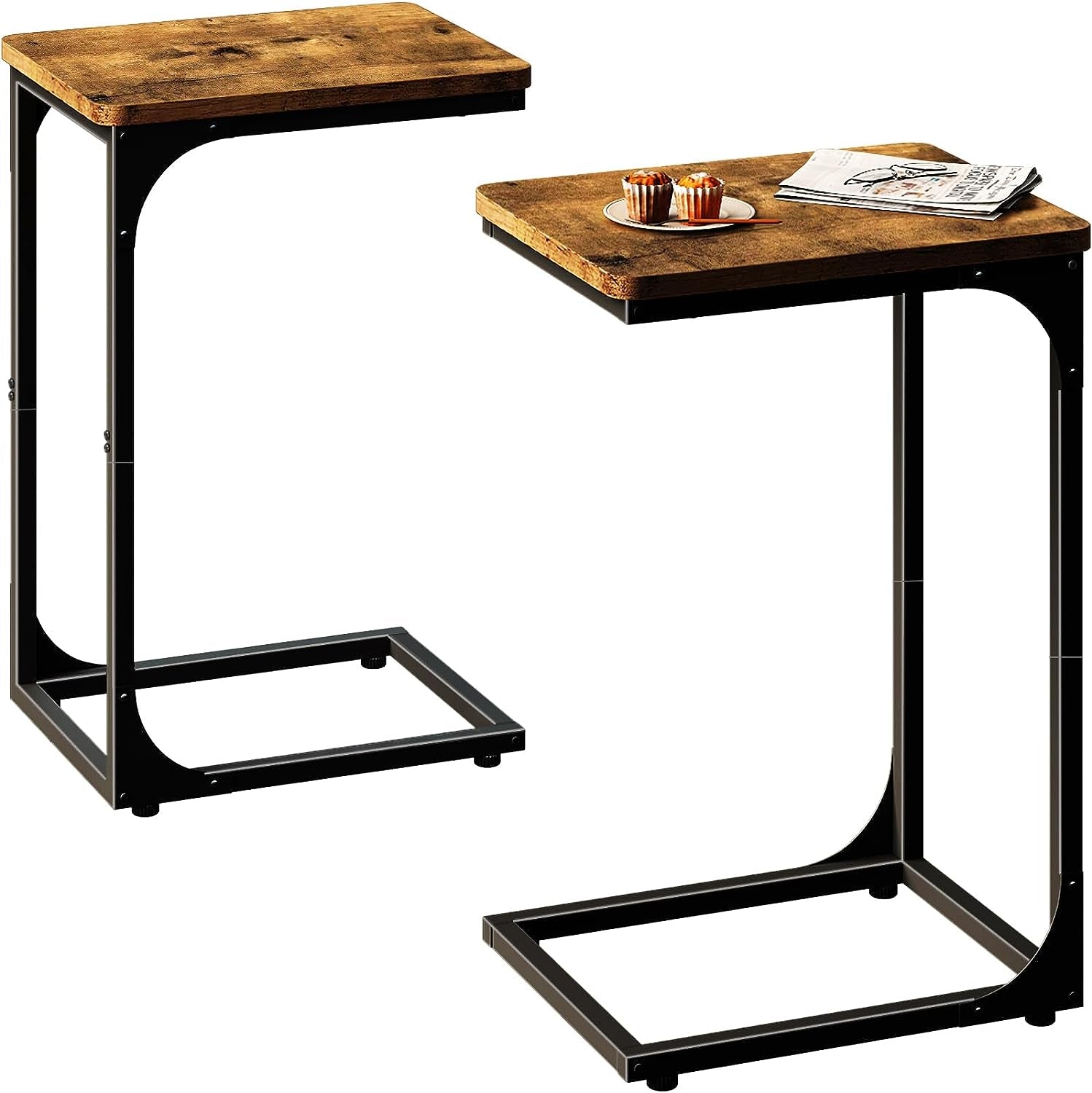 C Table End Table Set of 2 Couch Side Tables C Shaped Living Room Sets Bedroom Farmhouse, Rustic Brown (017-30BN)