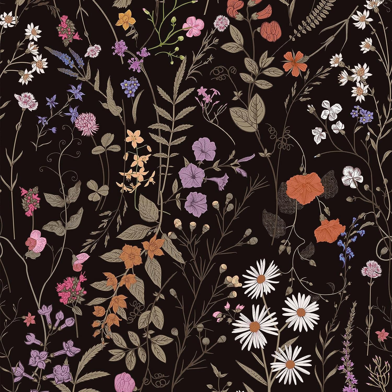 Floral Wallpaper Peel and Stick- Farm Floral Wall Wallpaper, Wildwood Wallpaper Daisy Flower Wallpaper Dark Floral Contact Paper Stick on Wallpaper (17.3" X 118", Timeless)