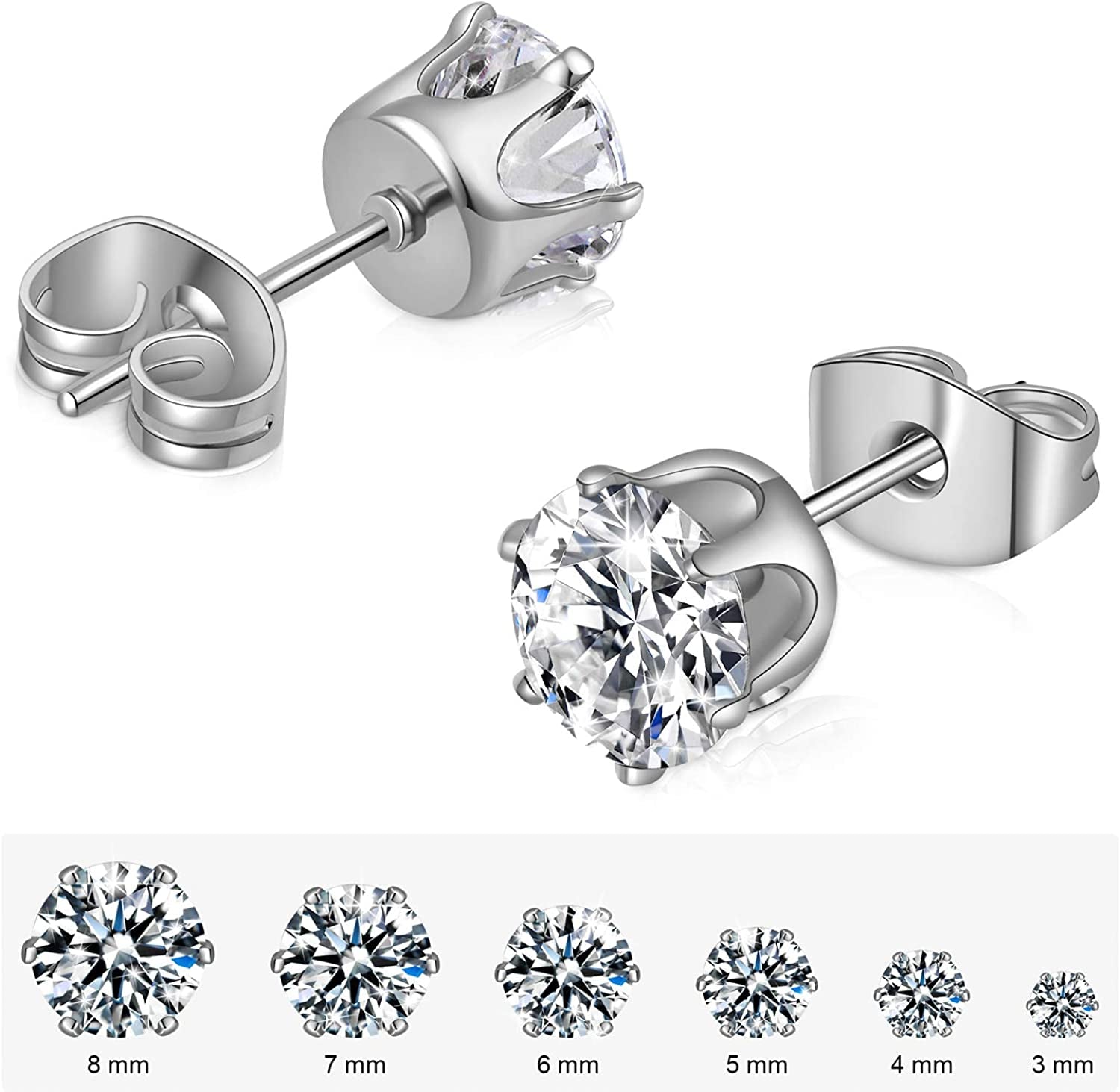 6 Pairs Stud Earrings Set,Clear Cubic Zirconia 316L Stainless Steel Earrings for Women for Men 3-8Mm