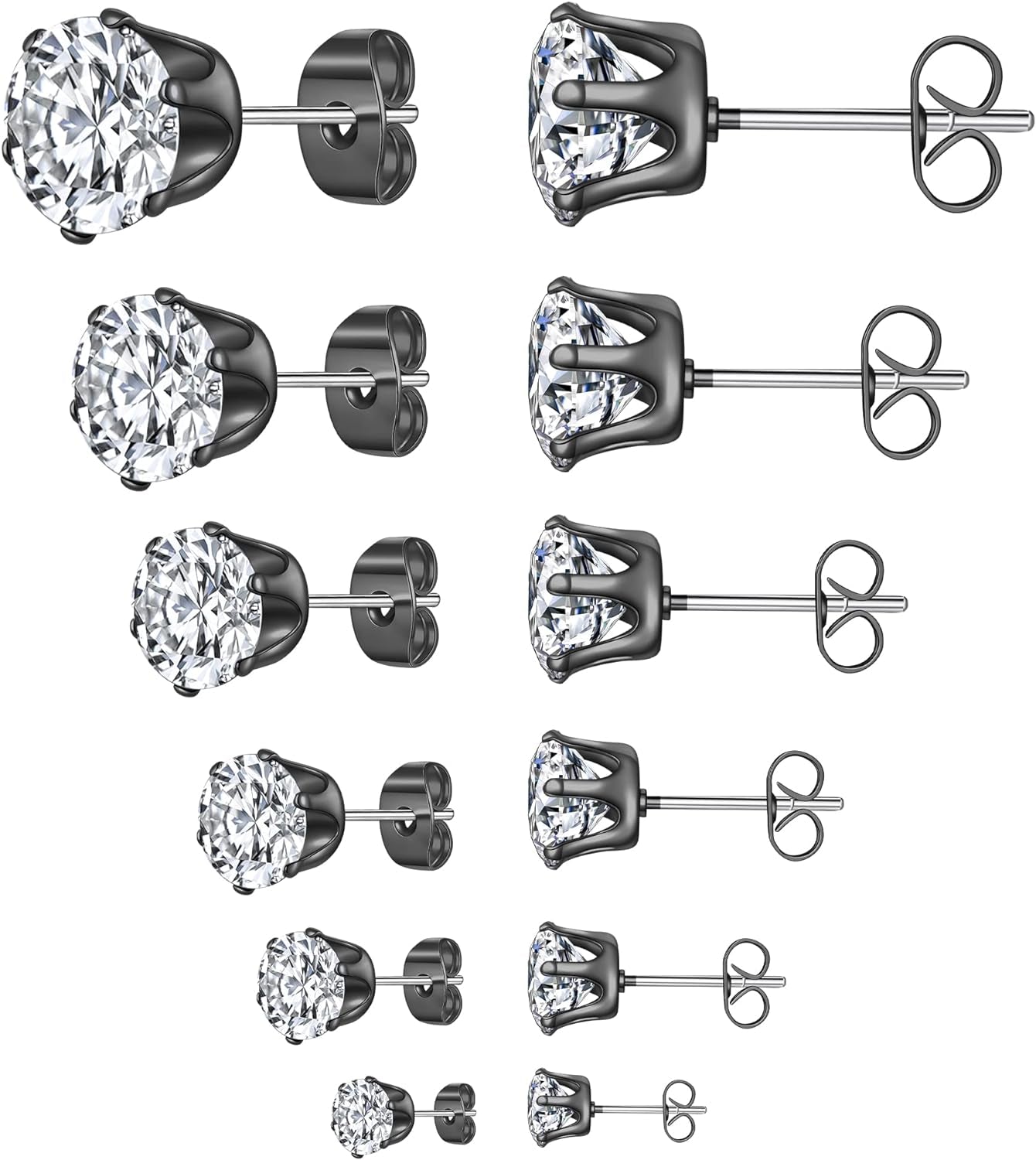 6 Pairs Stud Earrings Set,Clear Cubic Zirconia 316L Stainless Steel Earrings for Women for Men 3-8Mm
