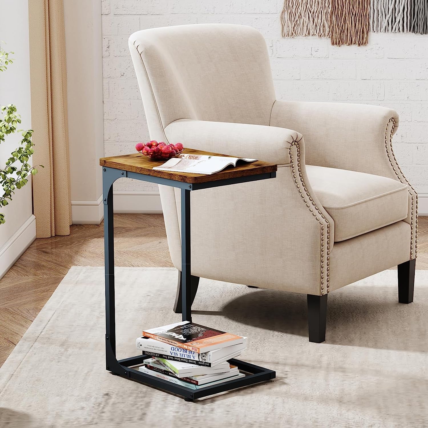 C Table End Table Set of 2 Couch Side Tables C Shaped Living Room Sets Bedroom Farmhouse, Rustic Brown (017-30BN)