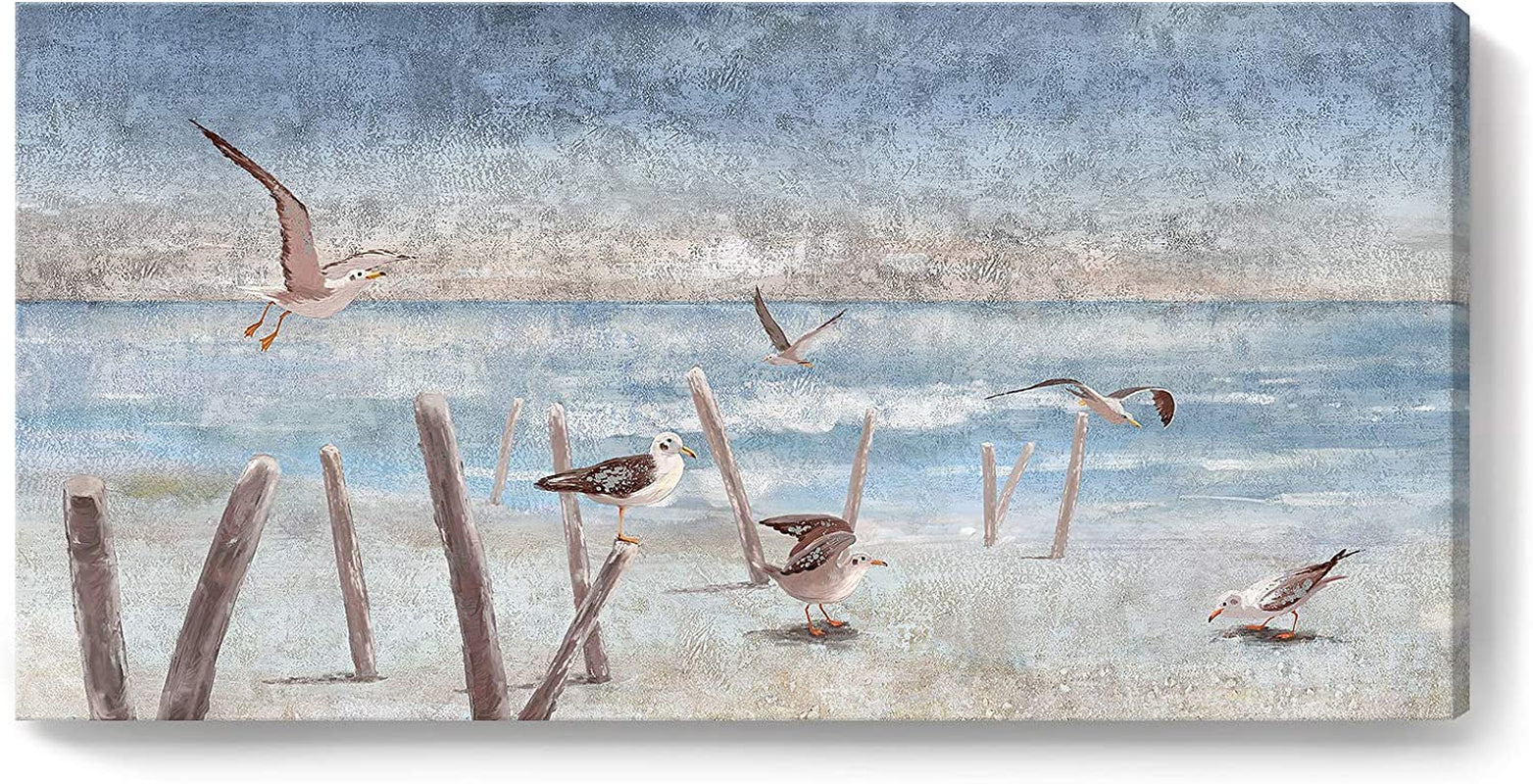 Beach Wall Art Bathroom Decor Ocean Theme Canvas Print Coastal Painting Perching Bird by the Sea Shore Abstract Seascape Picture Framed Artwork for Bedroom Living Room Office Ready to Hang 12X16Inch